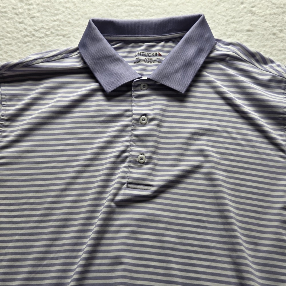 UNTUCKit Cronos Feeder Stripe Polo Shirt Mens L Purple Short Sleeve Knit Top